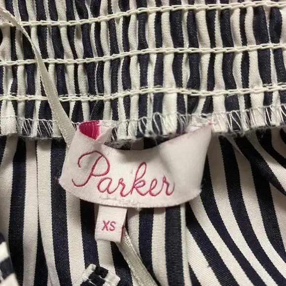 Parker Navy Blue and White Off the Shoulder Ruffle Smocked Blouse - Picture 3 of 5